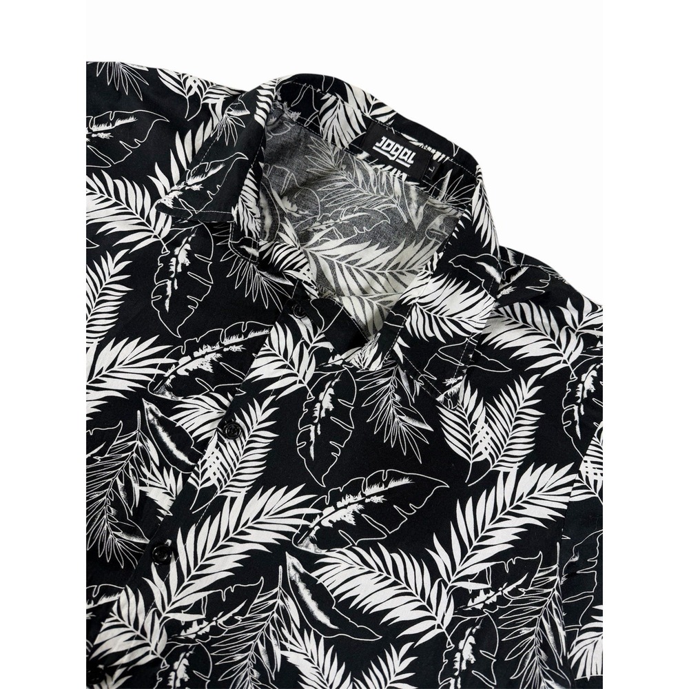 JOGAL Mens L Tropical Leaf Shirt Black White Short Sleeve Button Up 100% Cotton